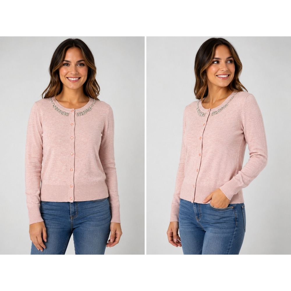A New Day Pink Embellished Collar Cardigan Sweater Rhinestone Button Front Large